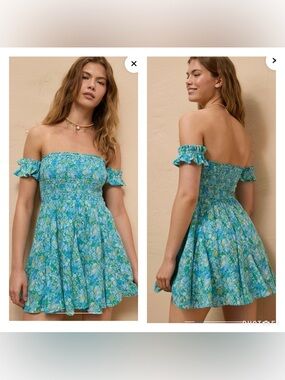 American Eagle Blue Floral Off-Shoulder Smocked Mini Dress Stretchy Lined Sz XL